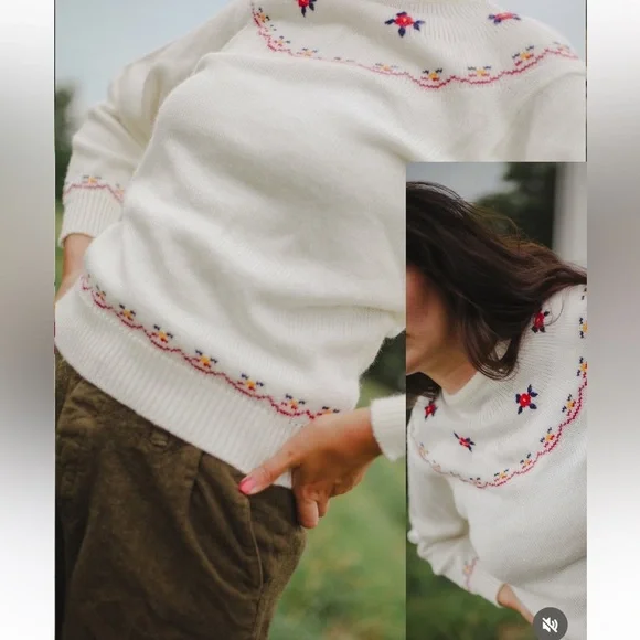 Vintage ‘80s White Crewneck Sweater with Floral Embroidery Women XL Cottagecore - Picture 9 of 9
